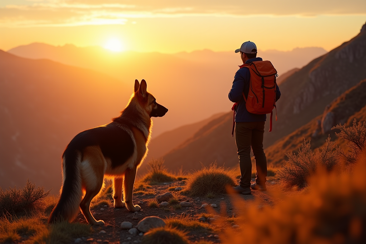 Chien berger allemand en montagne avec un randonneur au coucher du soleil
