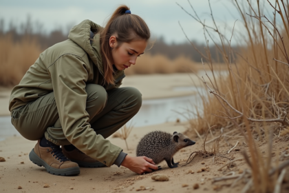 Jeune biologiste examinant un hérisson dans un paysage dévasté