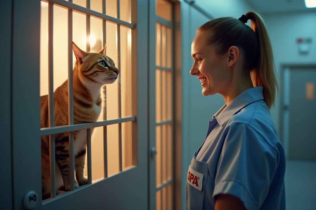 Chat regardant dehors dans une cage propre du refuge SPA
