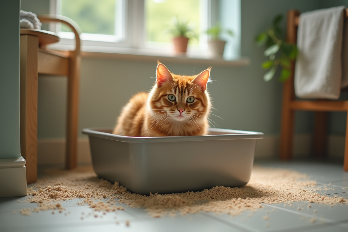 Chat roux assis dans une litière propre et confortable