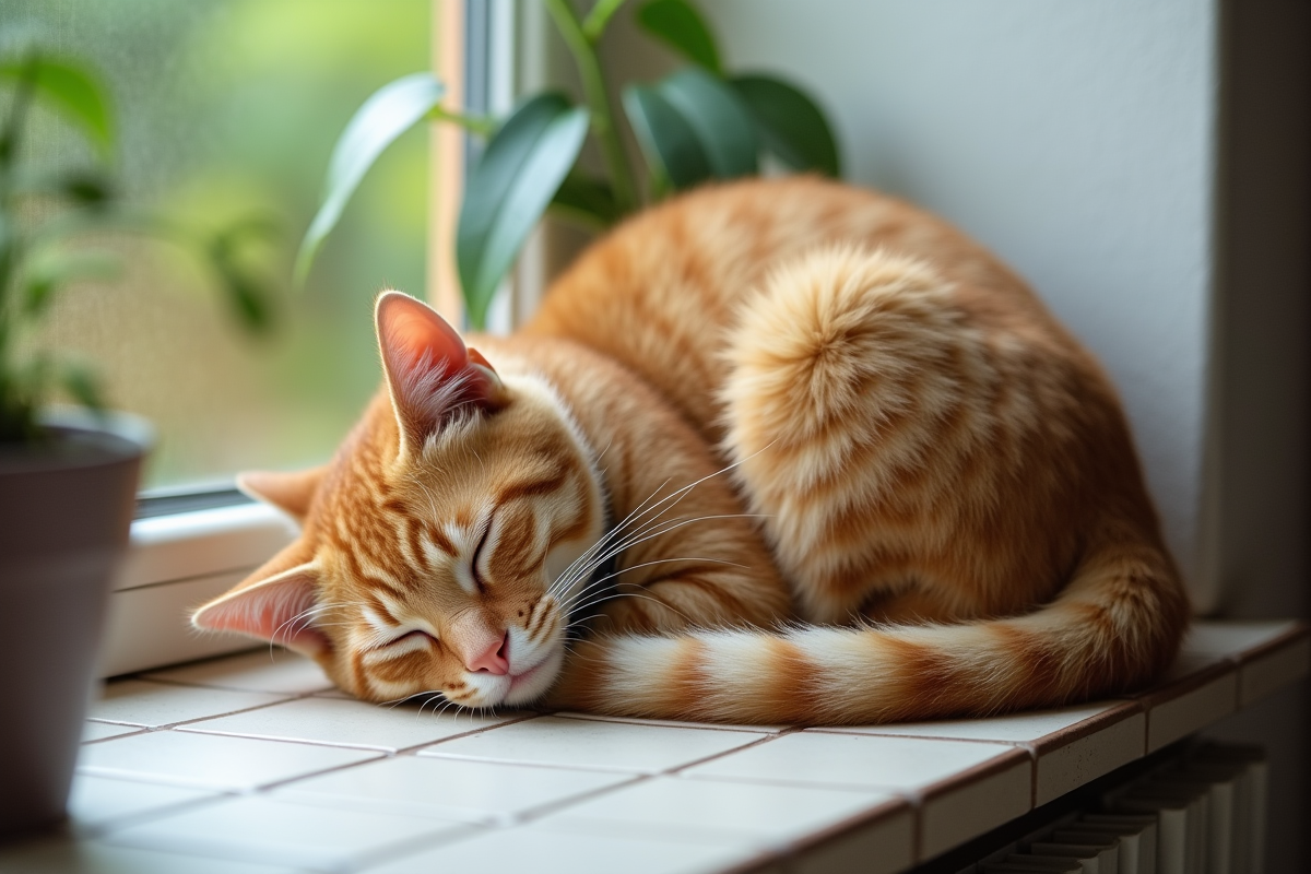 Chat orange endormi sur une fenêtre dans la cuisine lumineuse