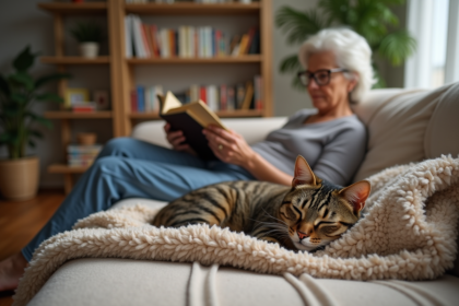 Chat tigré senior dormant paisiblement sur un plaid beige