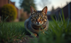 Chat tabby en alerte dans le jardin au crépuscule