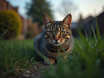Chat tabby en alerte dans le jardin au crépuscule