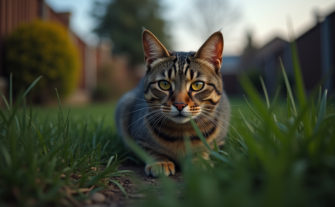 Chat tabby en alerte dans le jardin au crépuscule