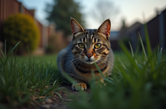 Chat tabby en alerte dans le jardin au crépuscule