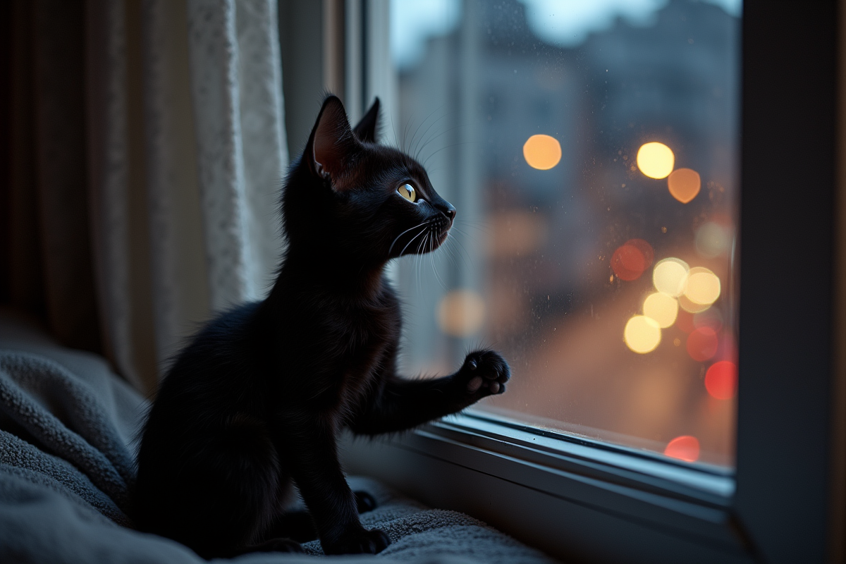 Chaton noir regardant par la fenêtre la nuit urbaine