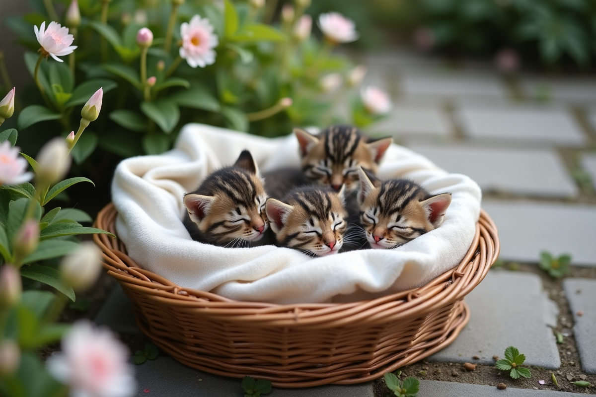 Gros plan de chatons nouveau-nés dans un panier en extérieur