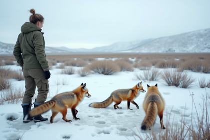 Jeune chercheuse observant des renards arctiques dans la tundra enneigee