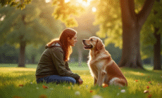 Loyal golden retriever avec son propriétaire dans un parc ensoleille