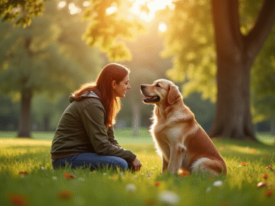 Loyal golden retriever avec son propriétaire dans un parc ensoleille
