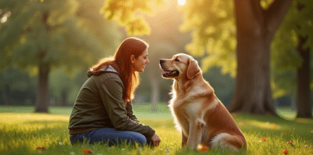 Loyal golden retriever avec son propriétaire dans un parc ensoleille