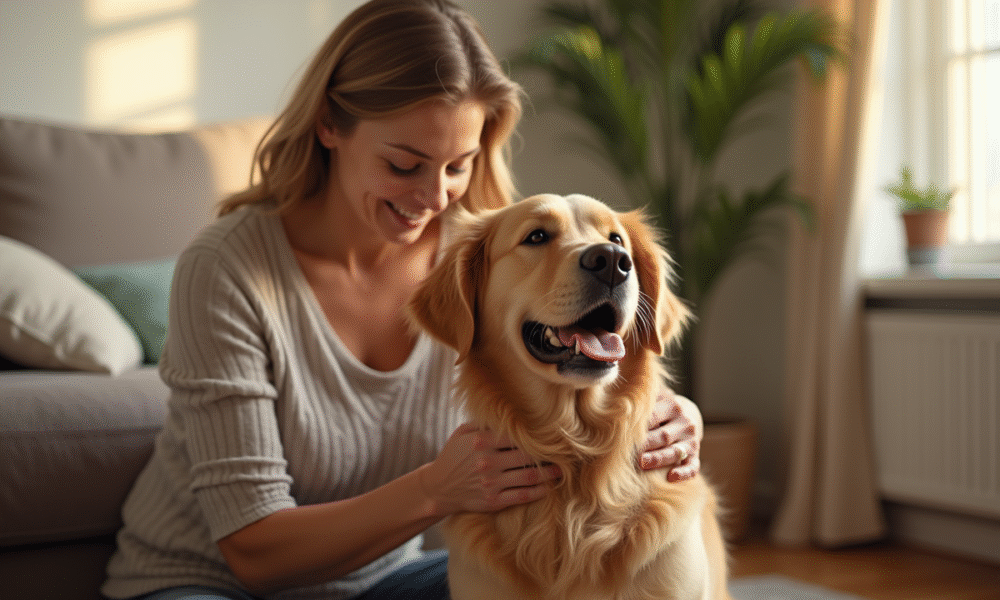 Chien golden retriever massé par une femme dans un salon chaleureux