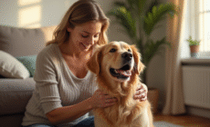 Chien golden retriever massé par une femme dans un salon chaleureux