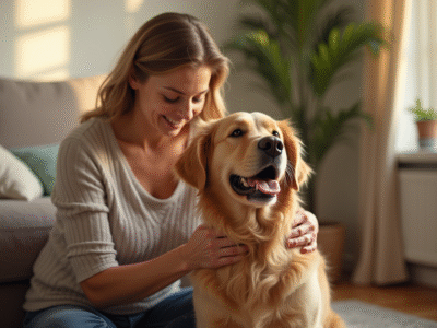 Chien golden retriever massé par une femme dans un salon chaleureux