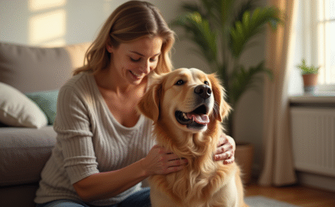 Chien golden retriever massé par une femme dans un salon chaleureux