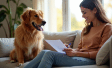 Chien heureux assis sur un canapé dans un salon lumineux