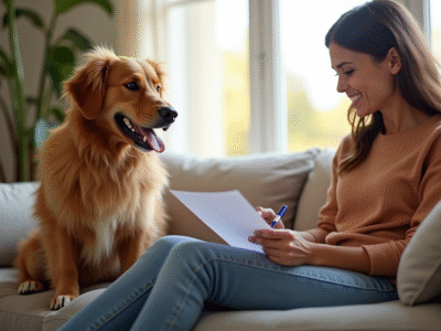 Chien heureux assis sur un canapé dans un salon lumineux
