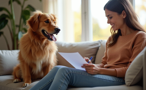 Chien heureux assis sur un canapé dans un salon lumineux