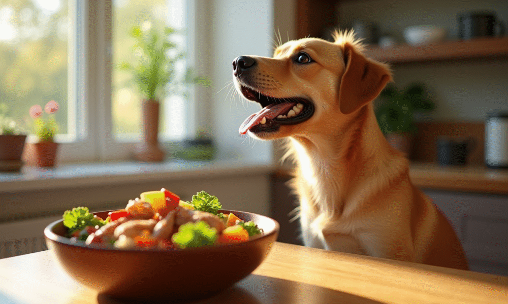 Chien heureux regardant un repas maison coloré
