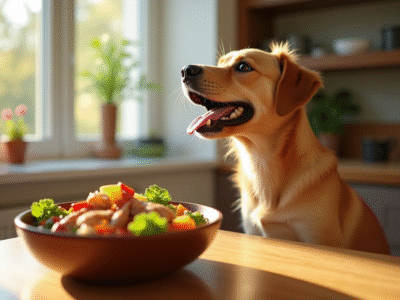 Chien heureux regardant un repas maison coloré