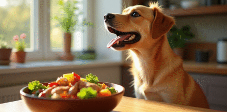 Chien heureux regardant un repas maison coloré