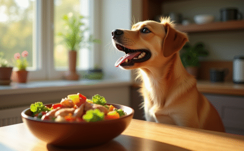 Chien heureux regardant un repas maison coloré
