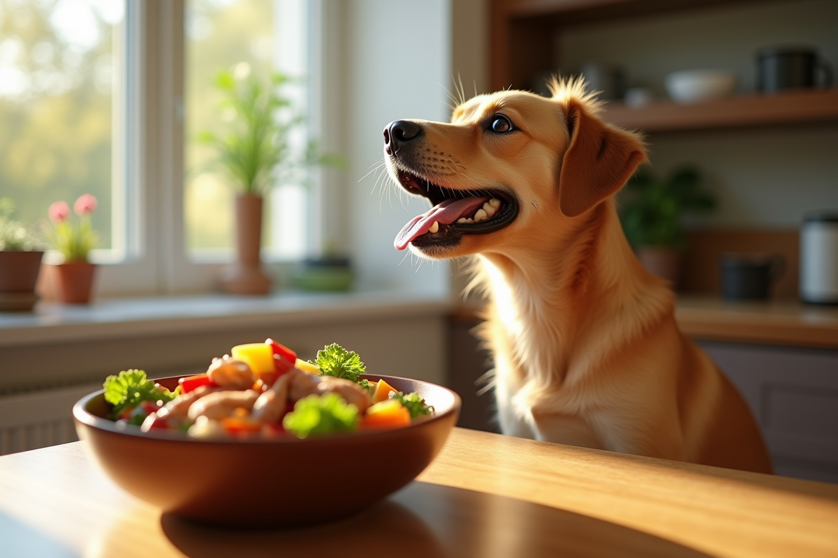 Chien heureux regardant un repas maison coloré