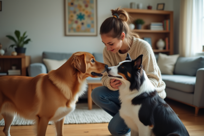 Deux chiens adultes rencontrent nosetonose dans un salon propre et accueillant