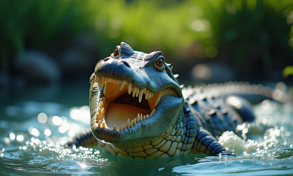 Crocodile d'eau salée puissant dans l'eau bleue ensoleillée
