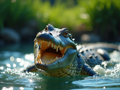 Crocodile d'eau salée puissant dans l'eau bleue ensoleillée