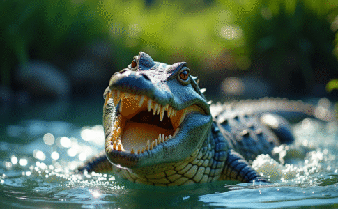 Crocodile d'eau salée puissant dans l'eau bleue ensoleillée