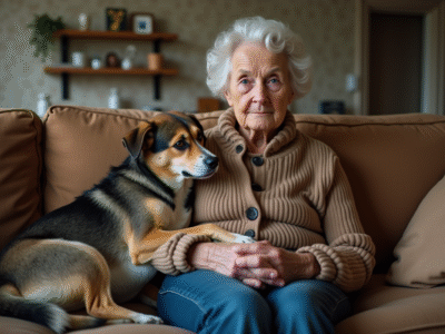 Femme agee assise avec son chien dans le salon