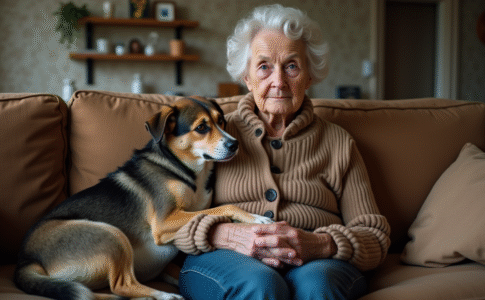 Femme agee assise avec son chien dans le salon