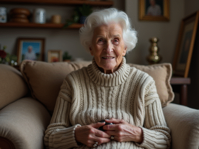 Femme agee tenant un collier de chien en cuir dans son salon