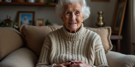 Femme agee tenant un collier de chien en cuir dans son salon