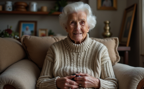 Femme agee tenant un collier de chien en cuir dans son salon