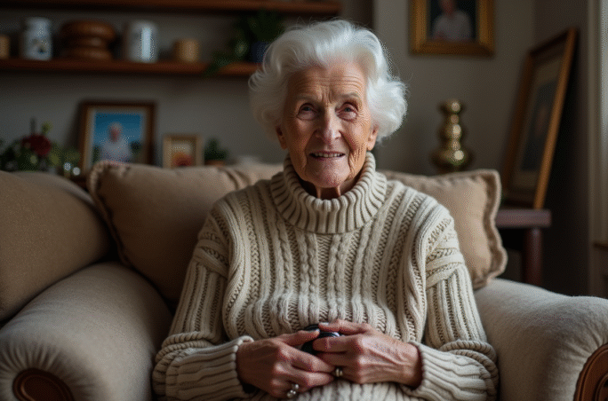 Femme agee tenant un collier de chien en cuir dans son salon
