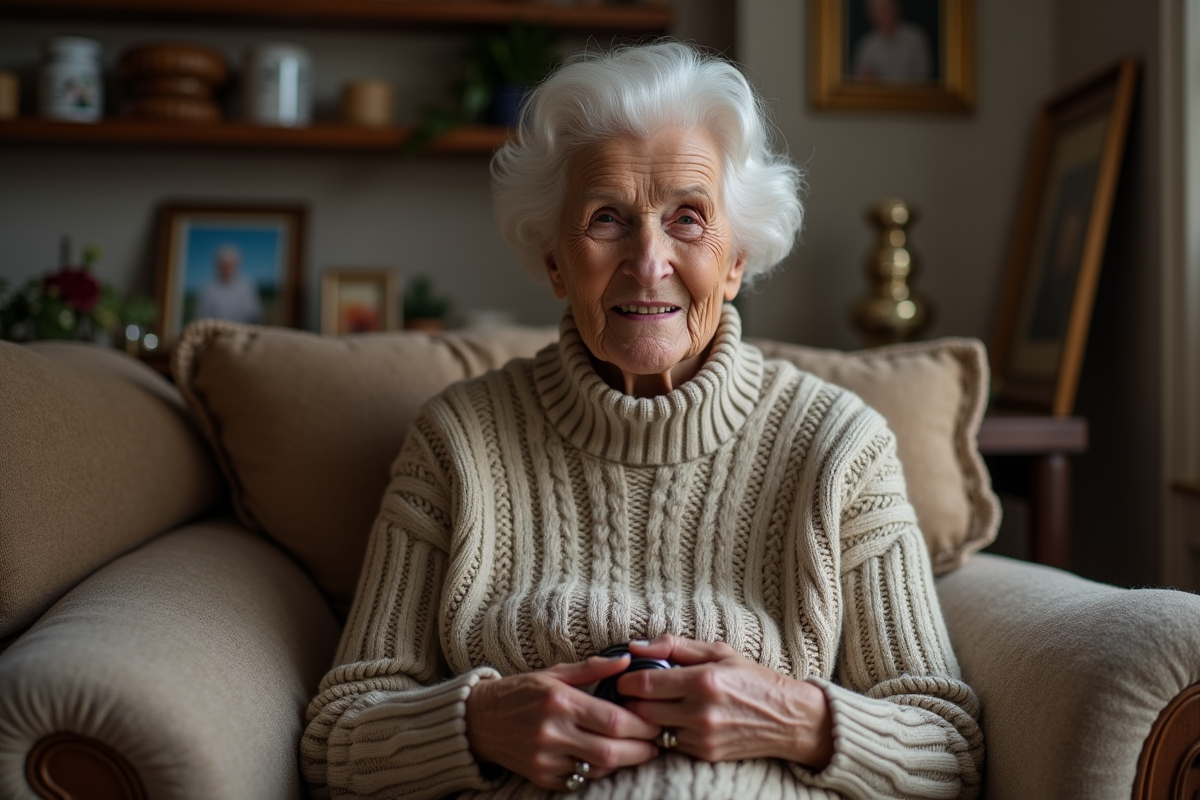 Femme agee tenant un collier de chien en cuir dans son salon