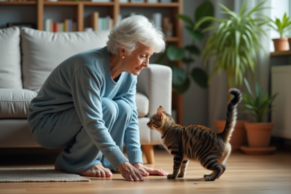 Femme âgée avec chat hissant dans un salon cosy