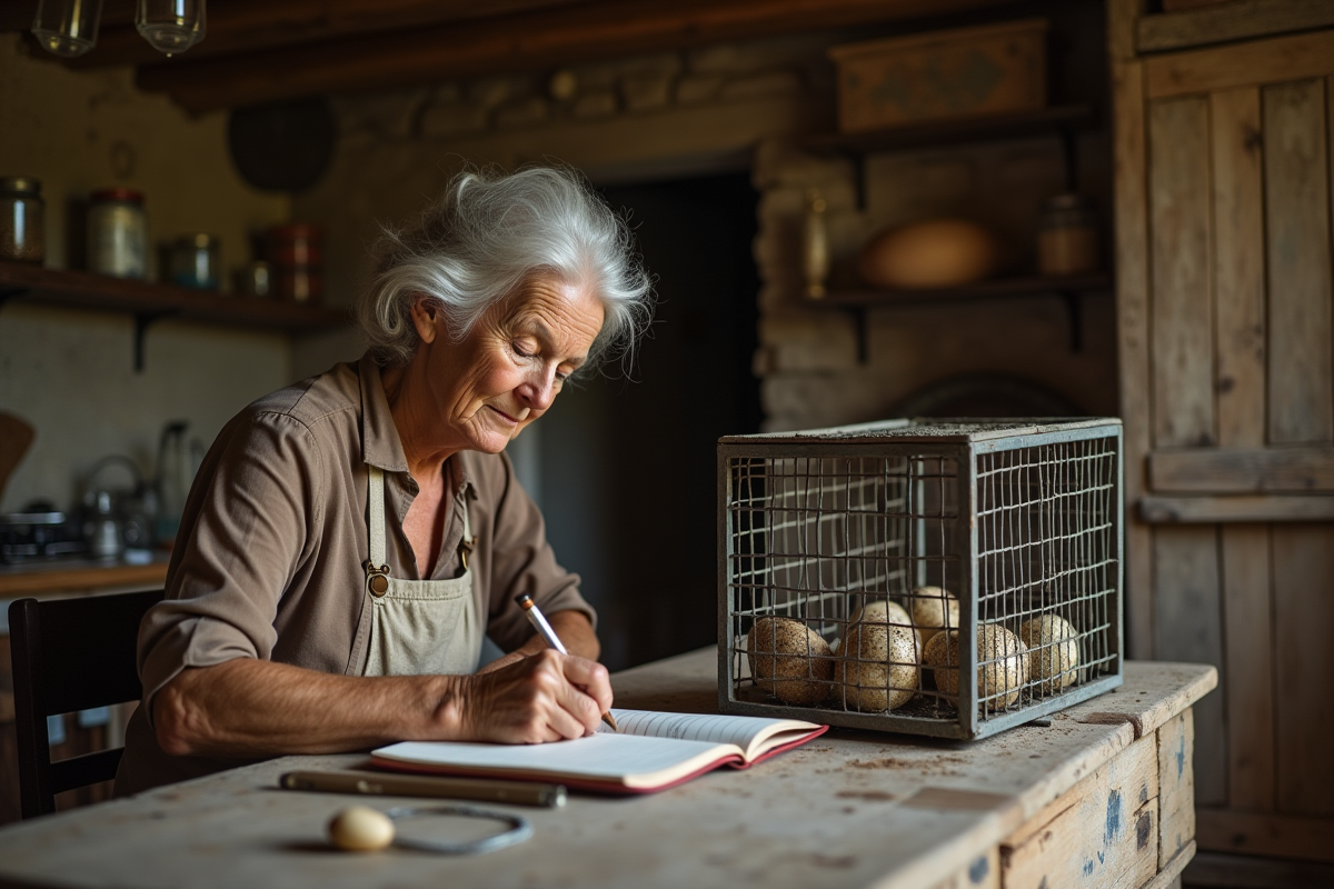 Femme âgée écrivant ses dépenses agricoles à la ferme
