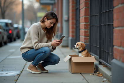 Femme anxieuse avec un chien dans un refuge animalier