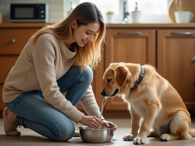 Femme jeune donnant de l'eau à un chien dans la cuisine chaleureuse