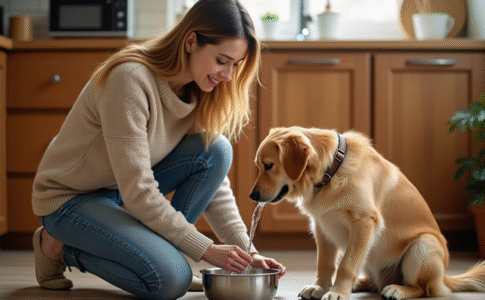Femme jeune donnant de l'eau à un chien dans la cuisine chaleureuse