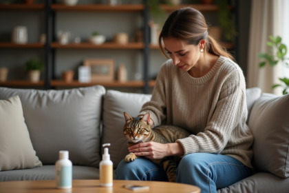 Femme caressant un chat tacheté sur son lit dans un salon cosy
