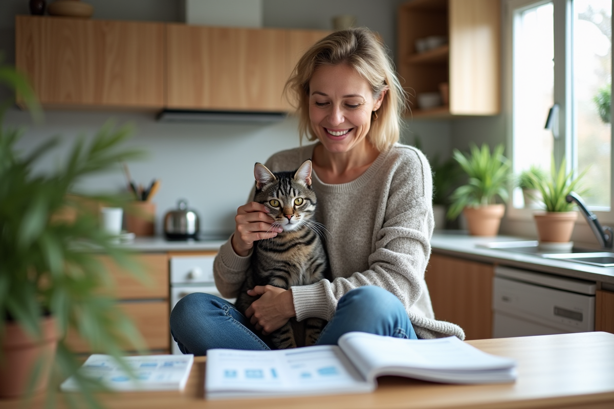 Femme souriante avec chat gris sur ses genoux dans la cuisine