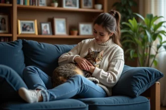 Femme âgée caressant un chat sur son fauteuil