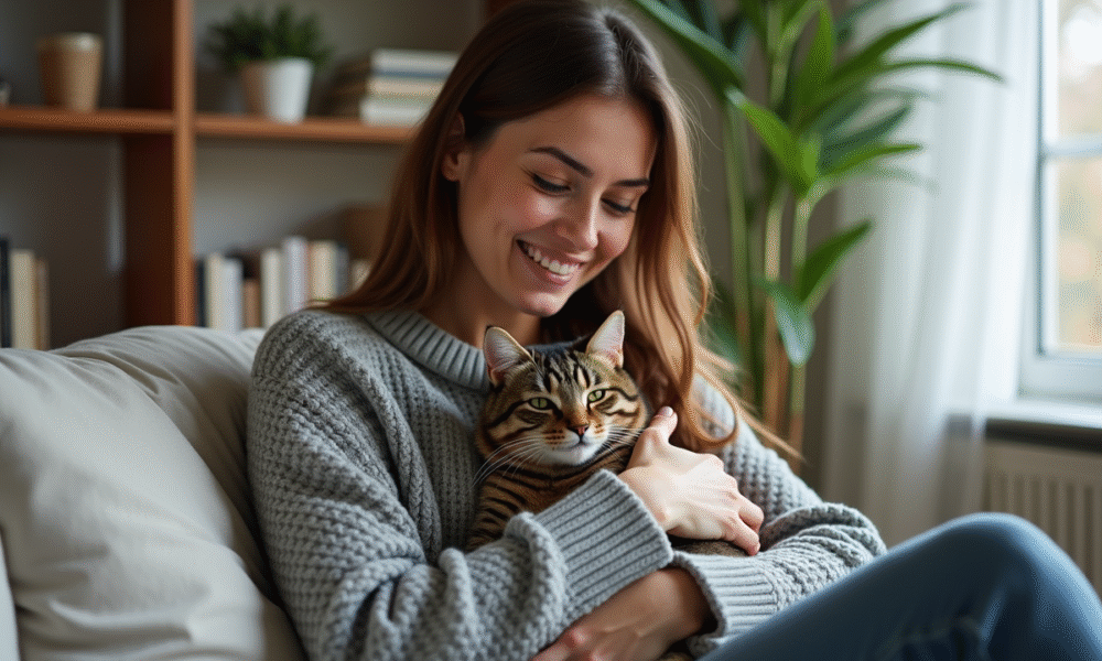 Femme avec chat dans un salon chaleureux et moderne