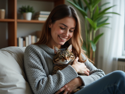 Femme avec chat dans un salon chaleureux et moderne