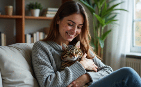 Femme avec chat dans un salon chaleureux et moderne